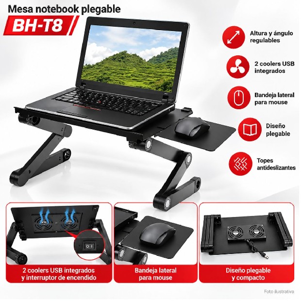 &ua MESA NOTEBOOK LAPTOP PLEGABLE REGULABLE CON COOLERS BH-T8  